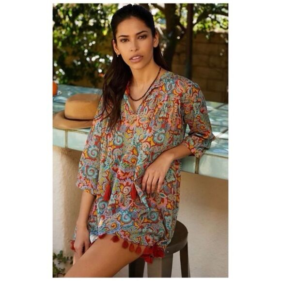 Roller Rabbit Orange Teal Rodez Serafina Boho Tassel Trim Relaxed Fit Tunic L - Picture 4 of 14